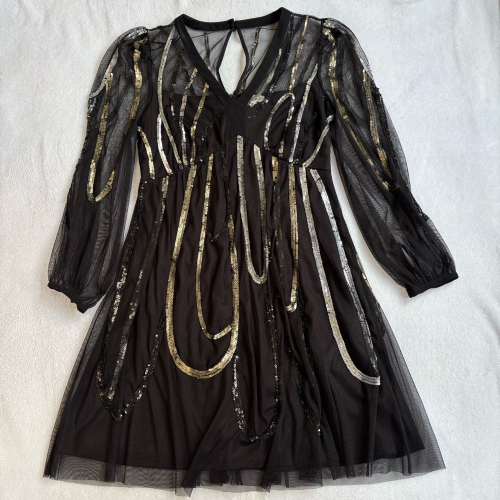 Monsoon Black Long Sleeve Sliver & Gold Sequin Dress With Sheer Lining. Size 6. - Picture 4 of 8